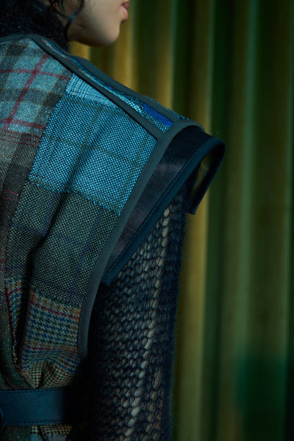 Diurnal Patchworked Long V-Neck Gilet in Checked Wool Suiting