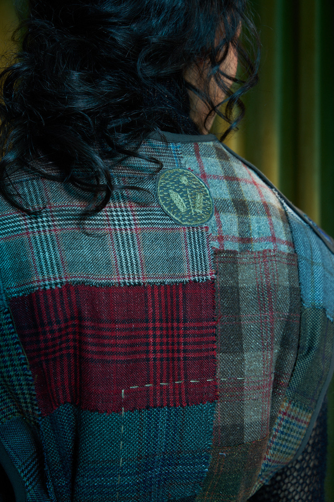 Diurnal Patchworked Long V-Neck Gilet in Checked Wool Suiting