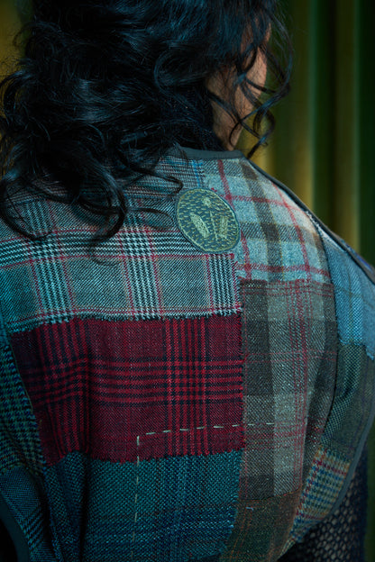 Diurnal Patchworked Long V-Neck Gilet in Checked Wool Suiting