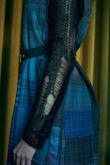 Diurnal Patchworked Long V-Neck Gilet in Checked Wool Suiting