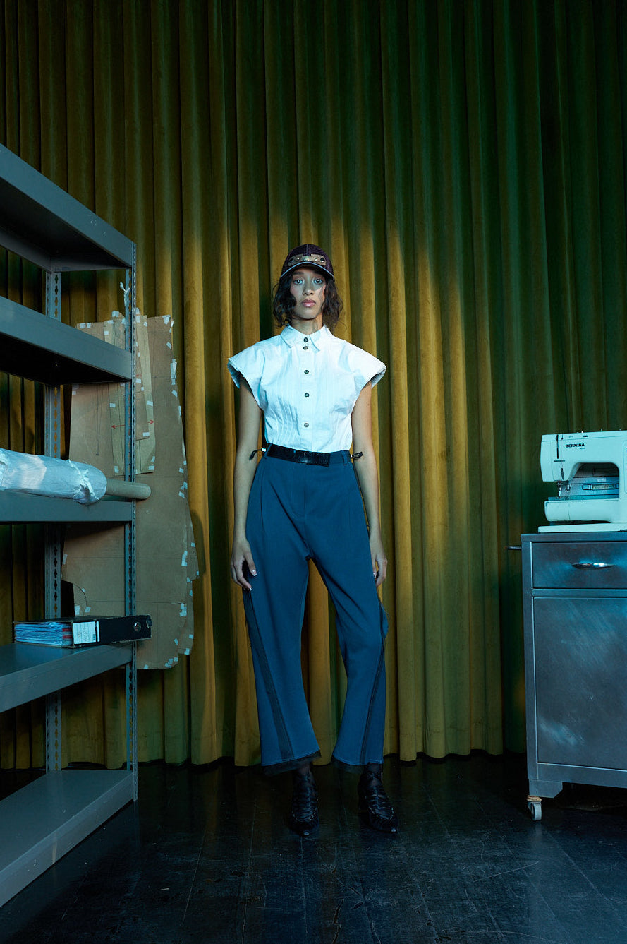 Sailor Blue Arch-Leg Pants in Wool Suiting