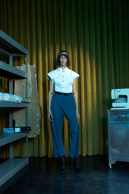 Sailor Blue Arch-Leg Pants in Wool Suiting