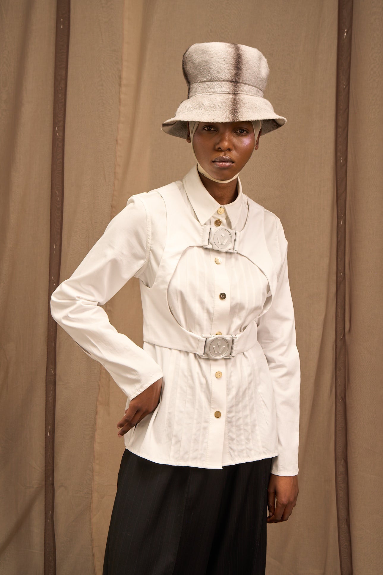 White Organic Cotton Fitted Shirt with Pintuck Details and Harness