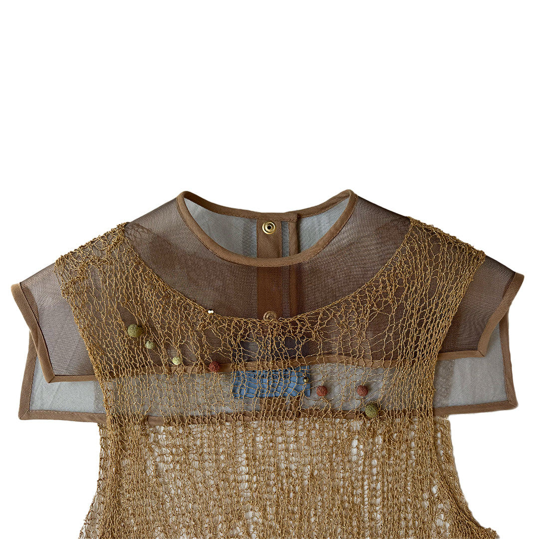 Beige Wool Silk Lurex Knitwear Top with Zibbon structure