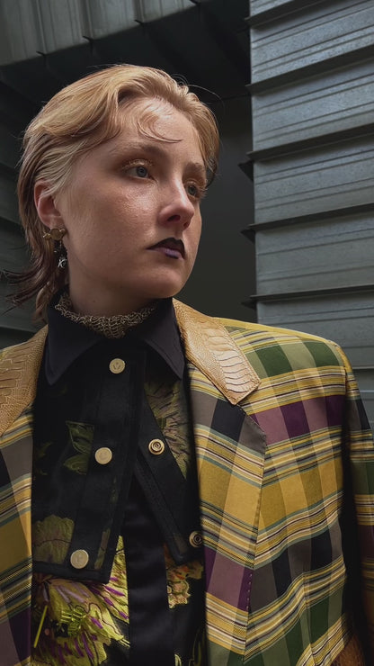 Interlocked Check Cropped Double Breasted Shirt in Silk Taffeta