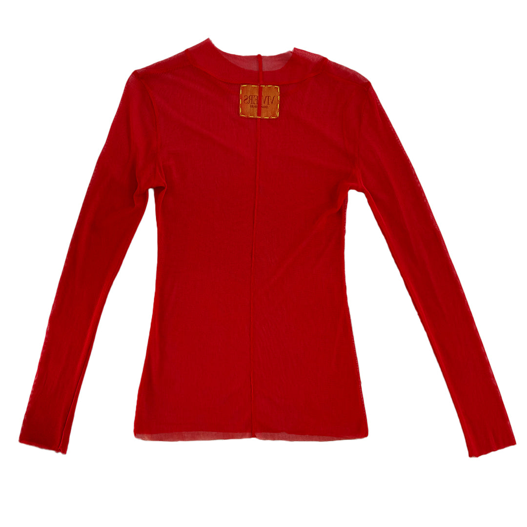 Red Mesh Stretch Long-Sleeve Top