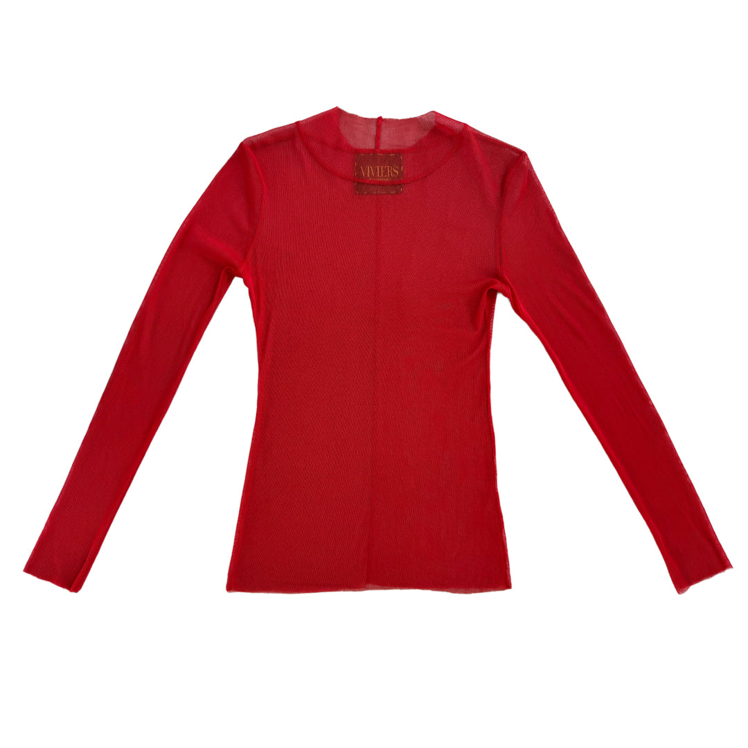 Red Mesh Stretch Long-Sleeve Top