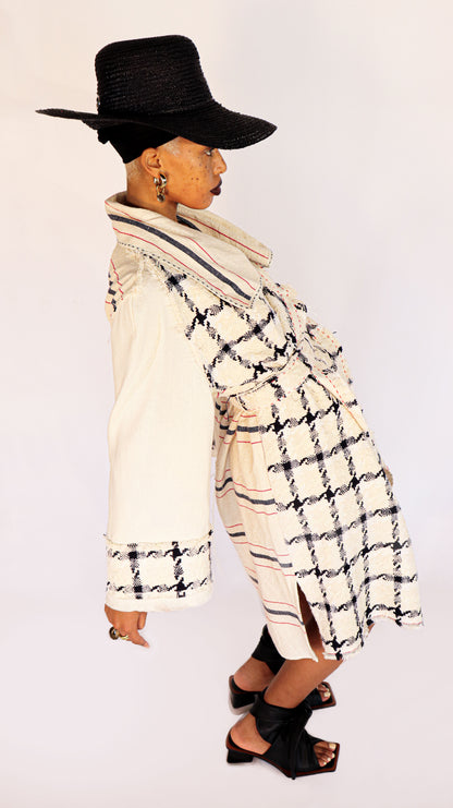 Houndstooth Plaid Raglan Trench With Barrydale Handweavers' Woven Stripe