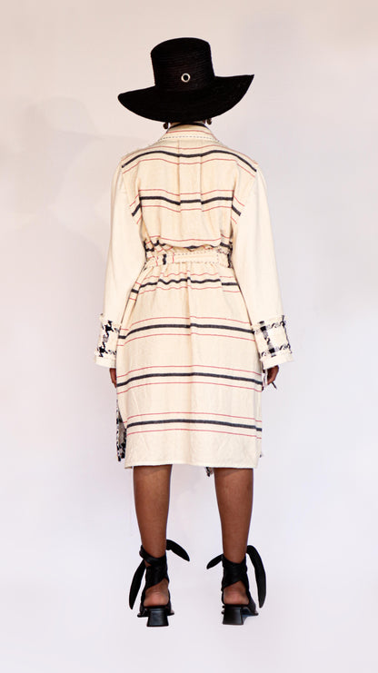 Houndstooth Plaid Raglan Trench With Barrydale Handweavers' Woven Stripe