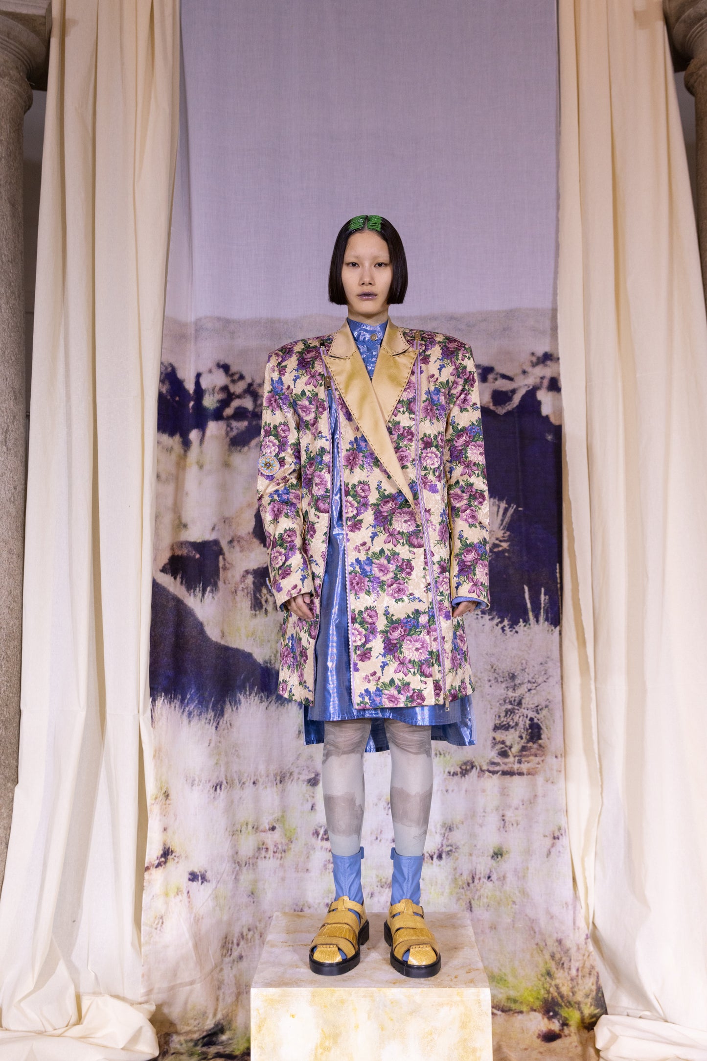 Tannie Elsa's Floral Curtain' Jacket in Deadstock Synthetic with Raw Silk Lapels & Hand-beaded brooches