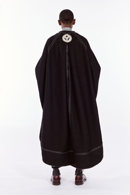 Black Cocoon Coat with Hand Embroidered Stitches
