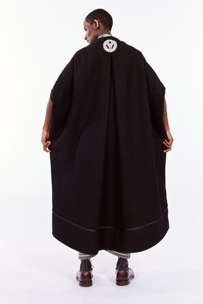 Black Boiled Wool Cocoon Coat