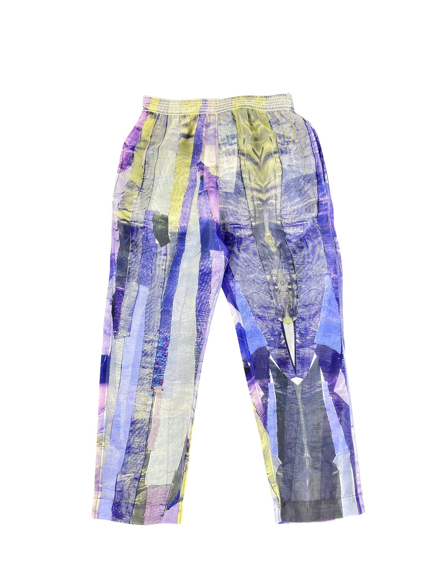 Blue 'Viviers Abstract Scrap' Printed Deadstock Chiffon Pants