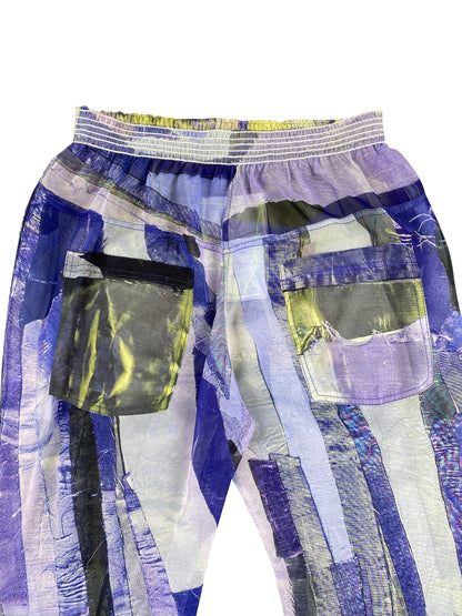 Blue 'Viviers Abstract Scrap' Printed Deadstock Chiffon Pants