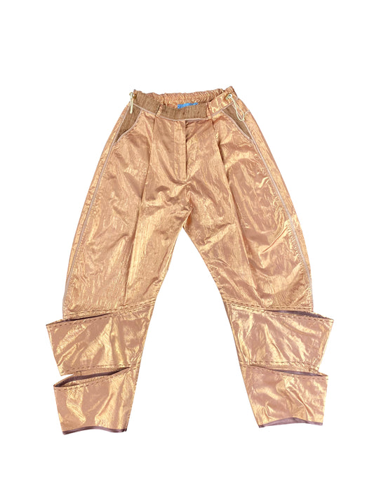 Copper Mothership Disc Arched-Leg Pants in Deadstock Silk Lame