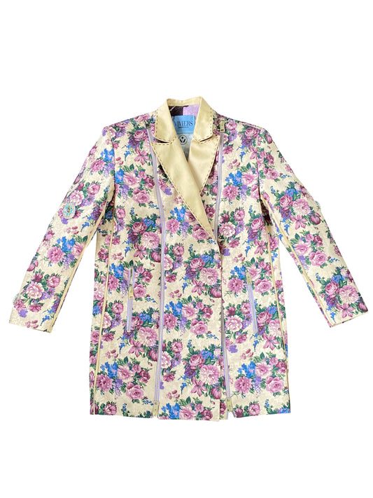 Tannie Elsa's Floral Curtain' Jacket in Deadstock Synthetic with Raw Silk Lapels & Hand-beaded brooches