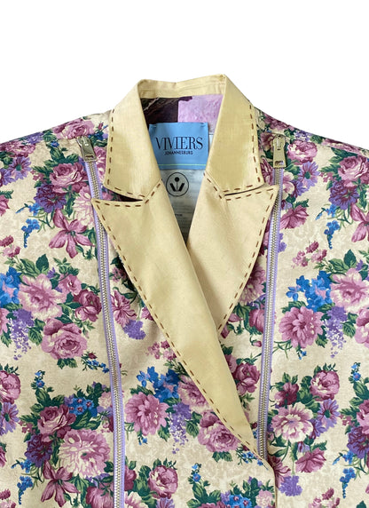 Tannie Elsa's Floral Curtain' Jacket in Deadstock Synthetic with Raw Silk Lapels & Hand-beaded brooches