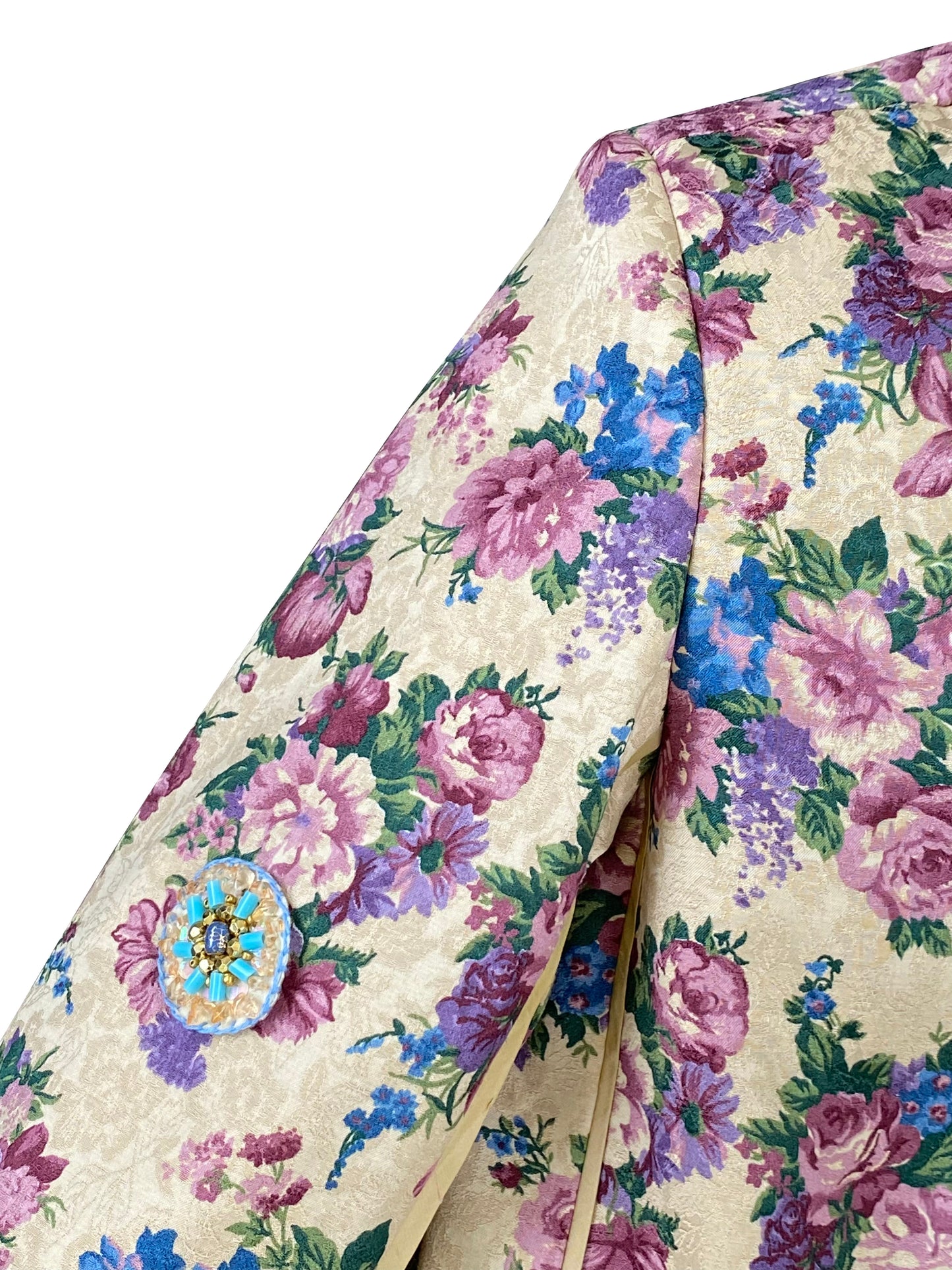 Tannie Elsa's Floral Curtain' Jacket in Deadstock Synthetic with Raw Silk Lapels & Hand-beaded brooches