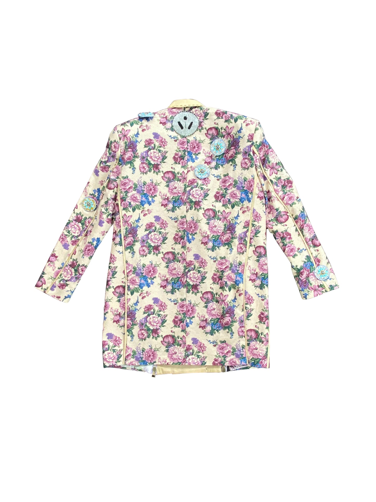 Tannie Elsa's Floral Curtain' Jacket in Deadstock Synthetic with Raw Silk Lapels & Hand-beaded brooches