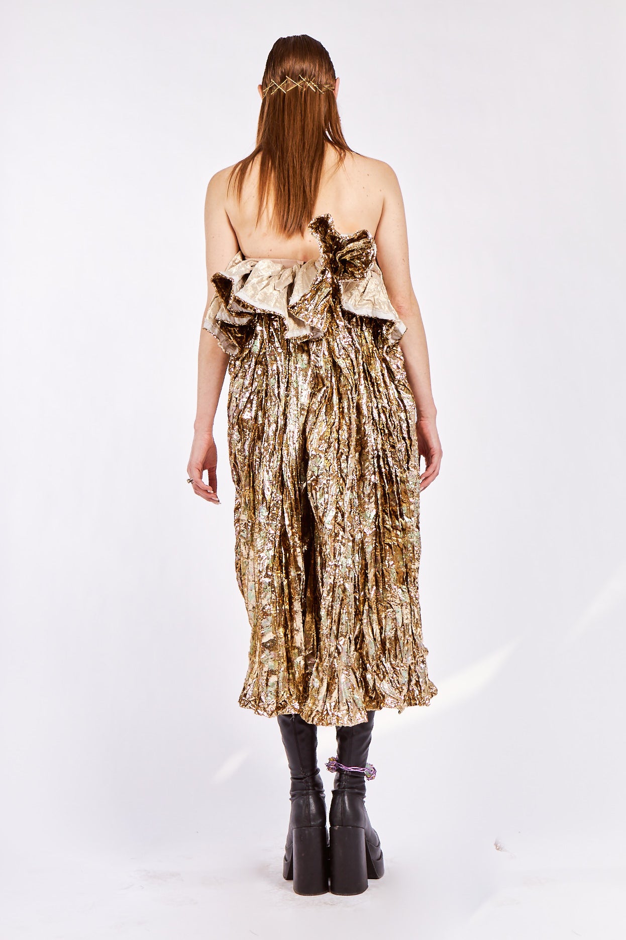 Uncut Gold Sculpted Dress with Crushed Pleats