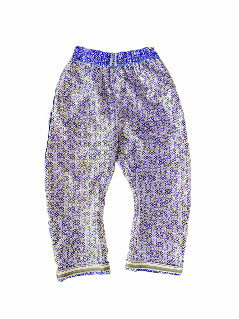 Cobalt Blue Silk Brocade Arched-leg Pants