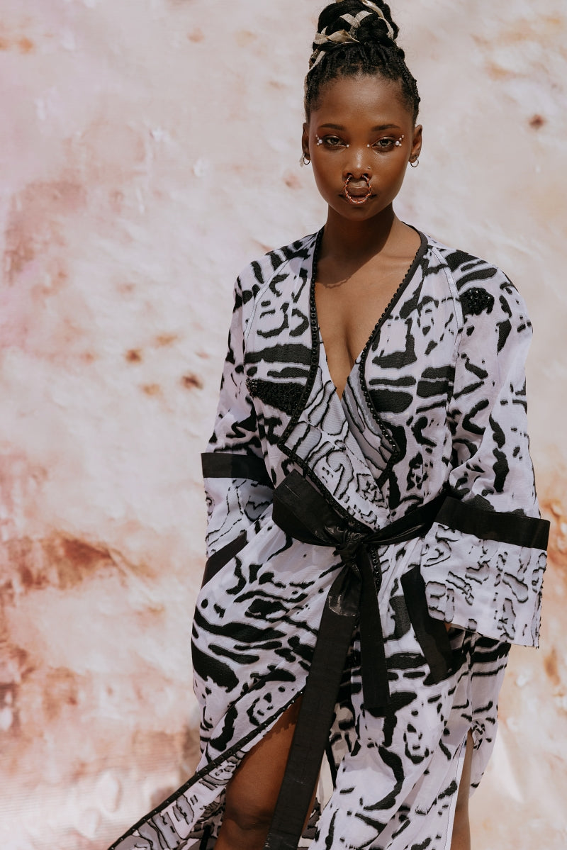 Hand Beaded 'Zebra-Jasper' Silk Raglan Coat